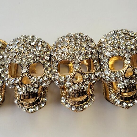Gold Crystal Skull Bracelet Stretchy Skull Bracelet Halloween Bracelet - Picture 3 of 8